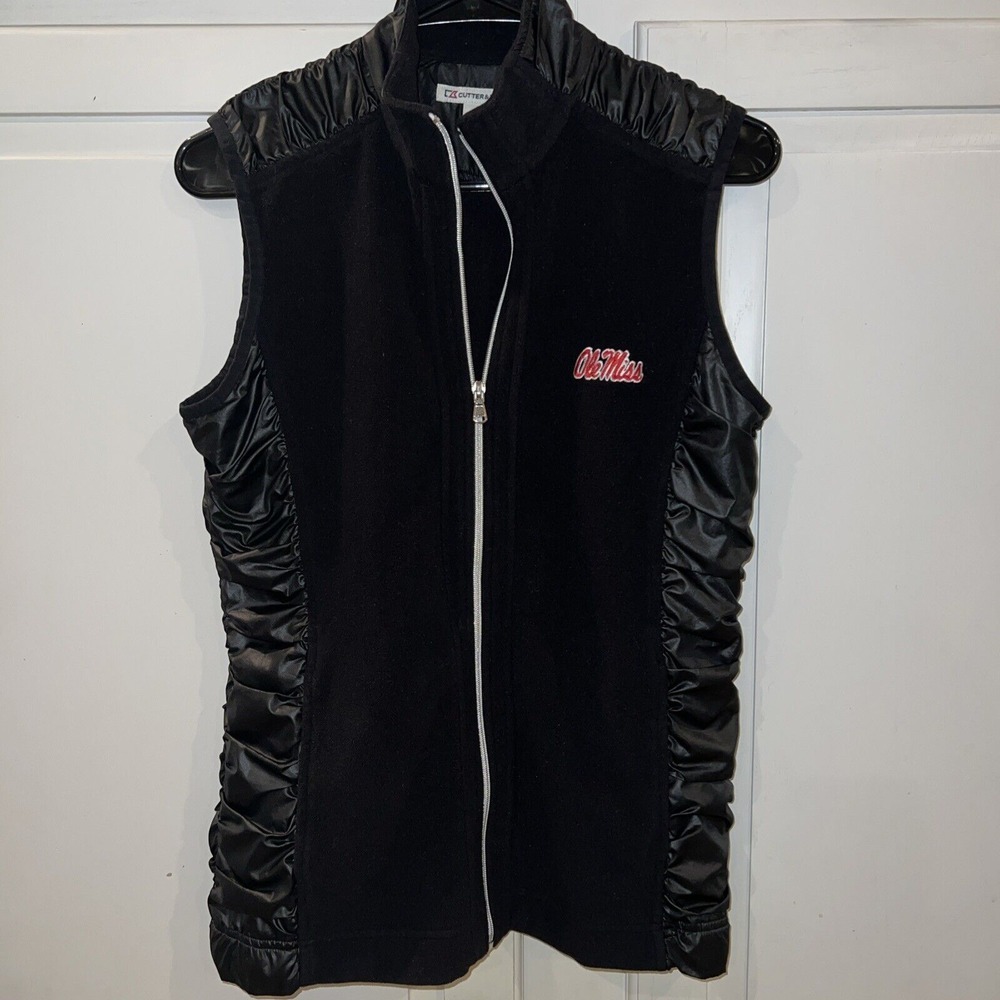 Ole Miss Cutter & Buck Black Ruched Side Women's Small Vest Fleece Pockets Zip